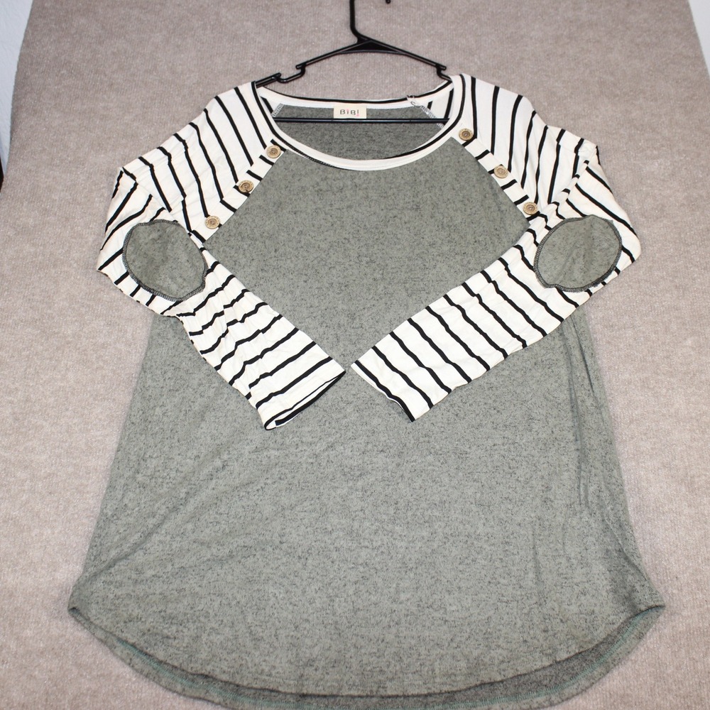 BiBi Womens Olive Green Marl Raglan Top Striped Elbow Patch Button M BT1331-06
